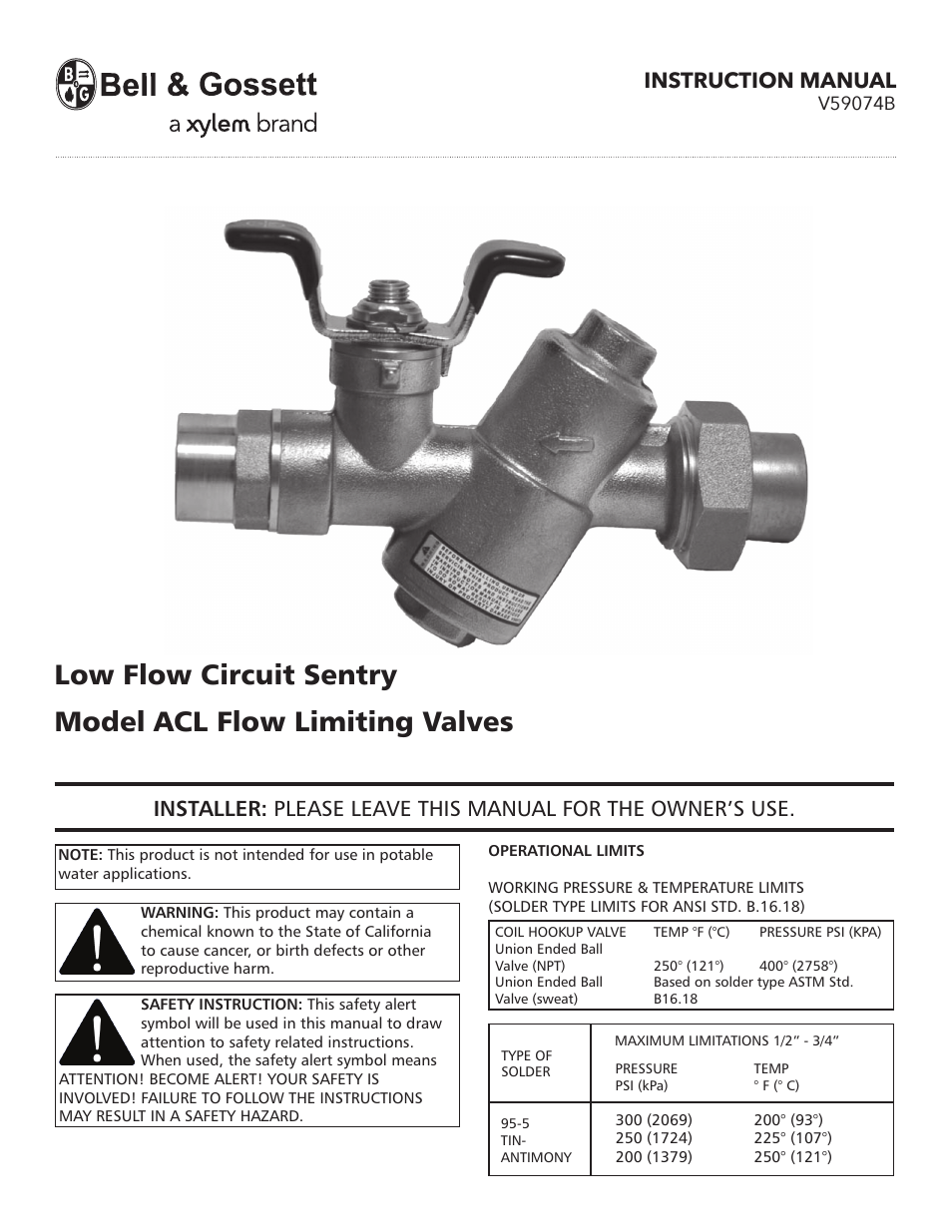V59074B Low Flow Circuit Sentry Model ACL Flow Limiting Valves