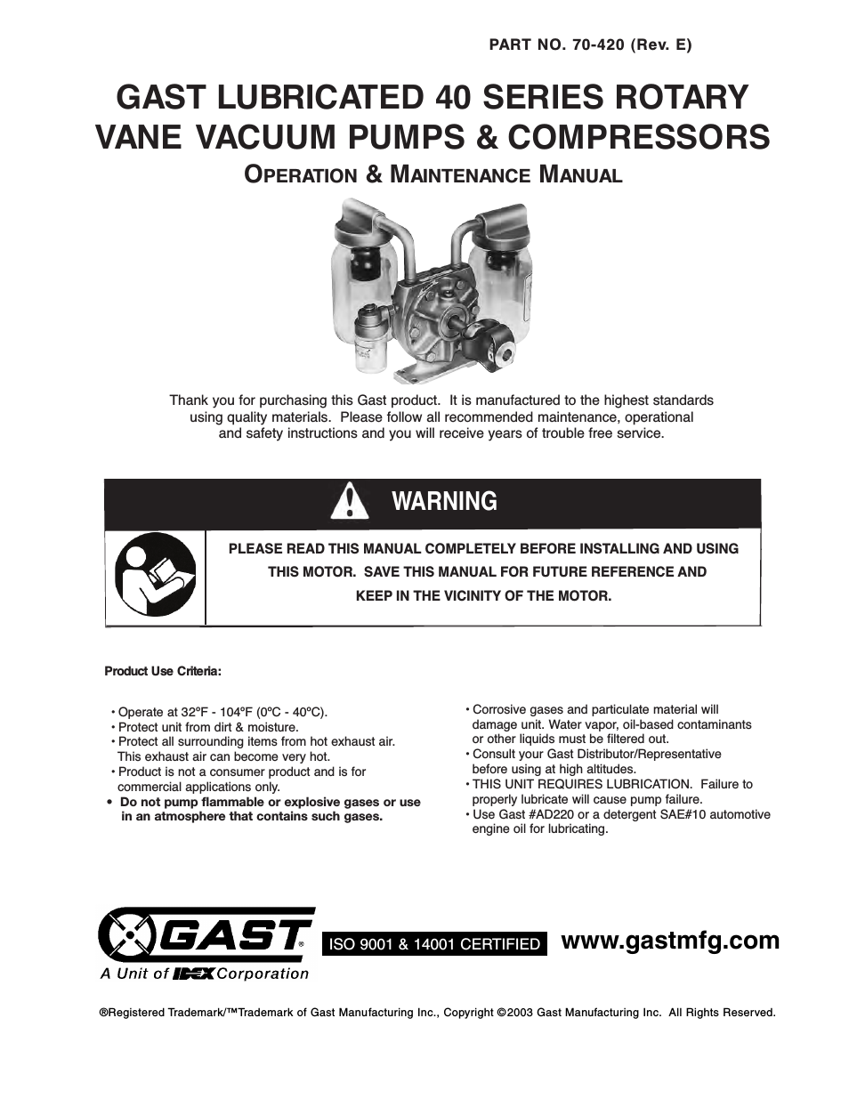 0240 Series Lubricated Vacuum Pumps and Comressors