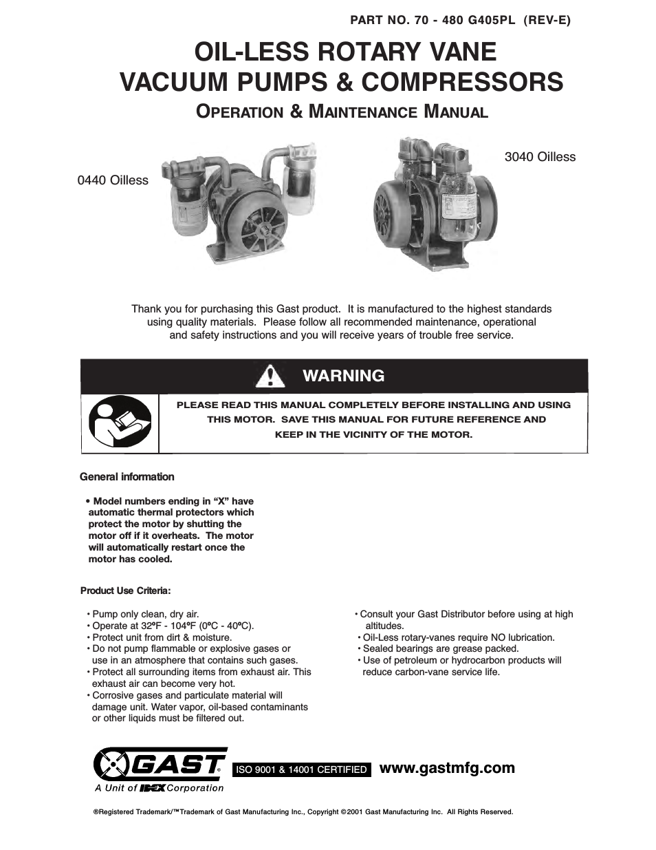 0240 Series Oilless Vacuum Pumps and Comressors