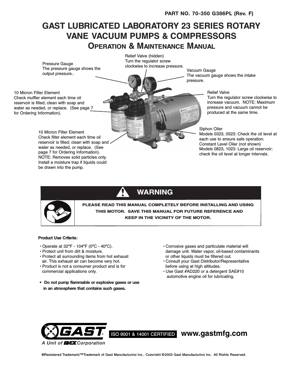 0323 Series Lubricated Laboratory Vacuum Pumps and Compressors