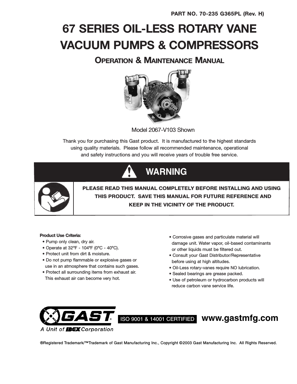2067 Series Oilless Vacuum Pumps and Compressors