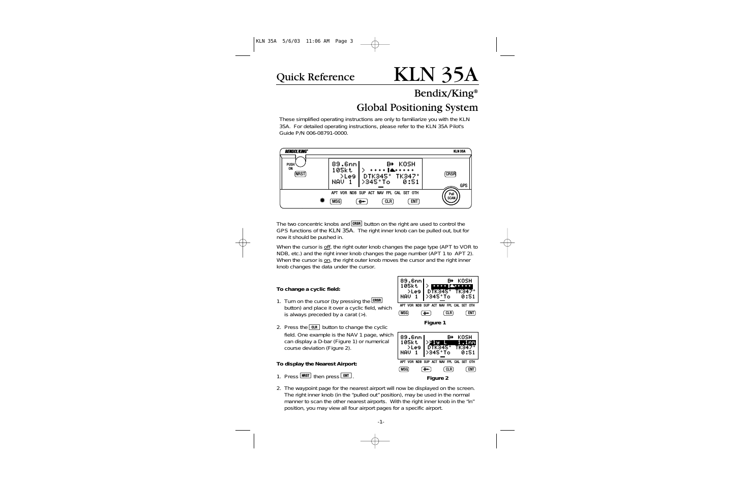 KLN 35A - Quick Reference Guide System KLN 35A