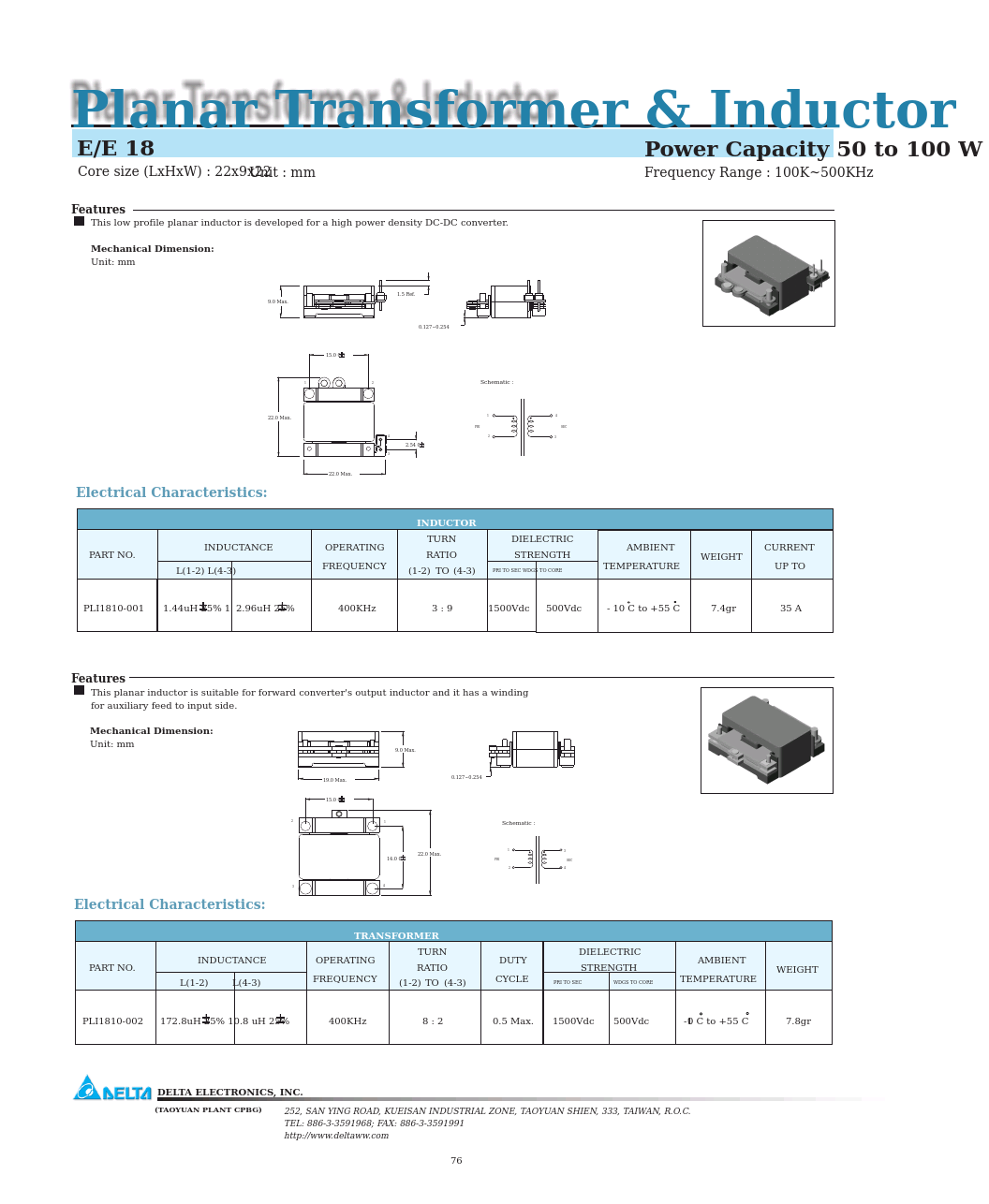 Planar Transformer & Inductor E/E 18