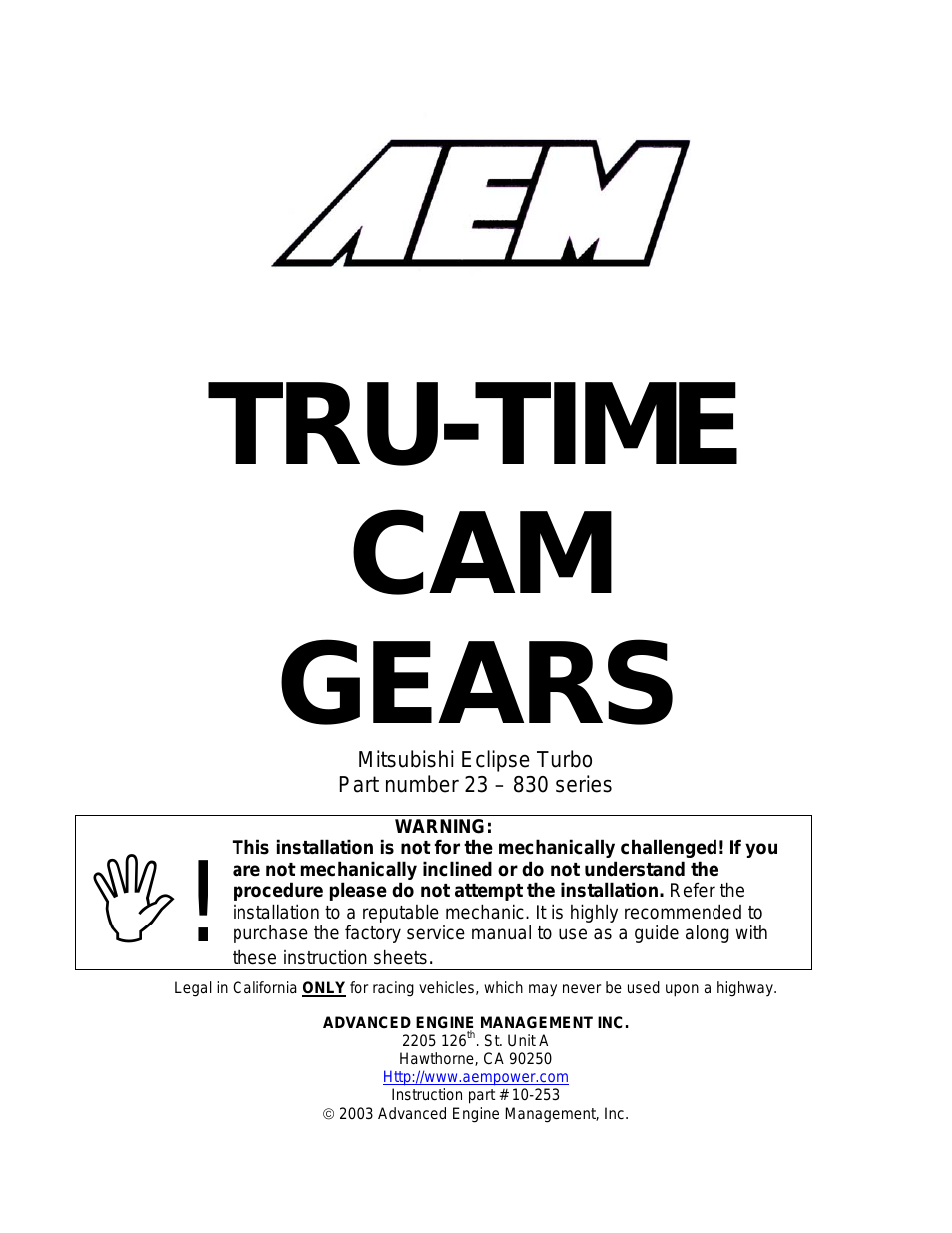 23-830BK Tru-Time Adjustable Cam Gear