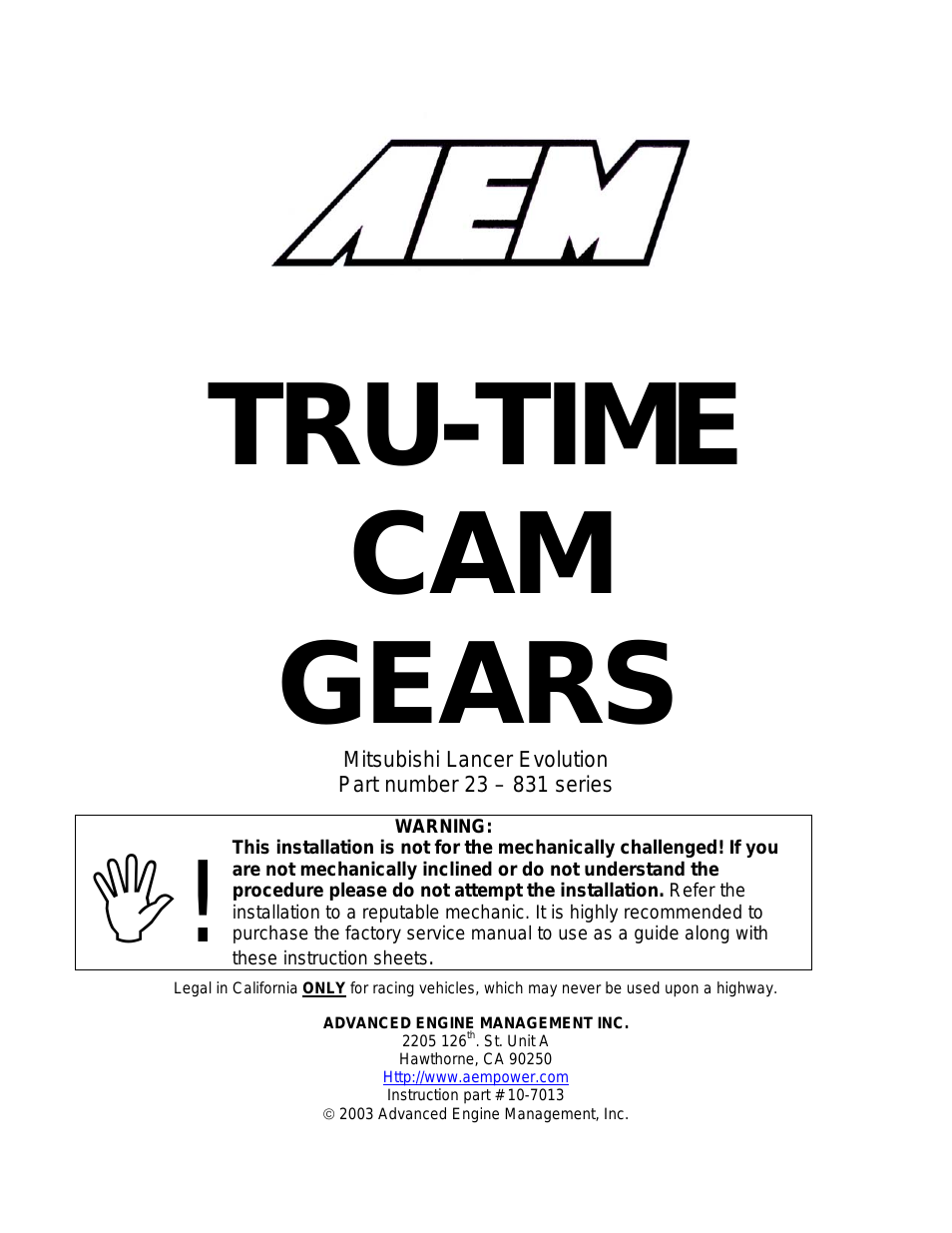 23-831BK Tru-Time Adjustable Cam Gear