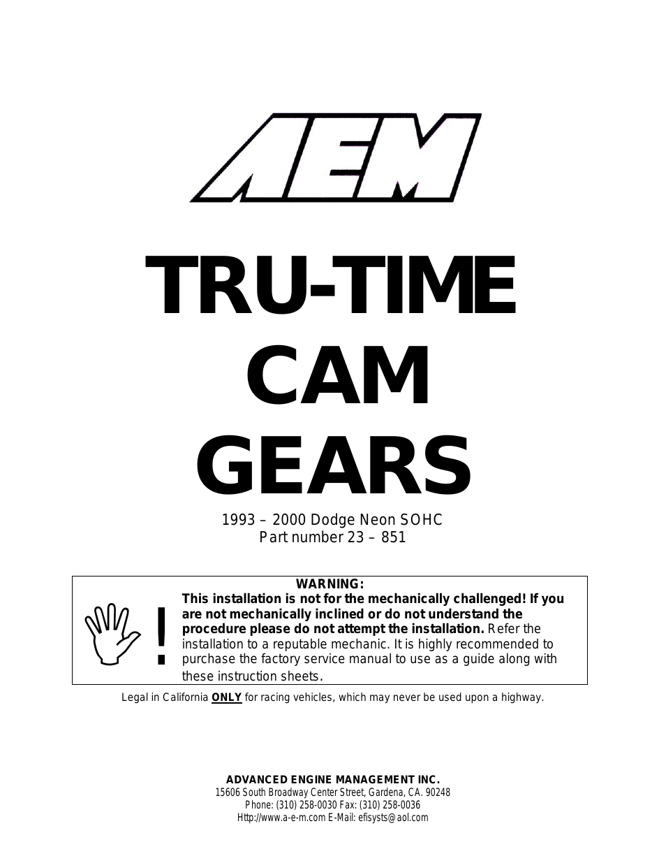 23-851BK Tru-Time Adjustable Cam Gear