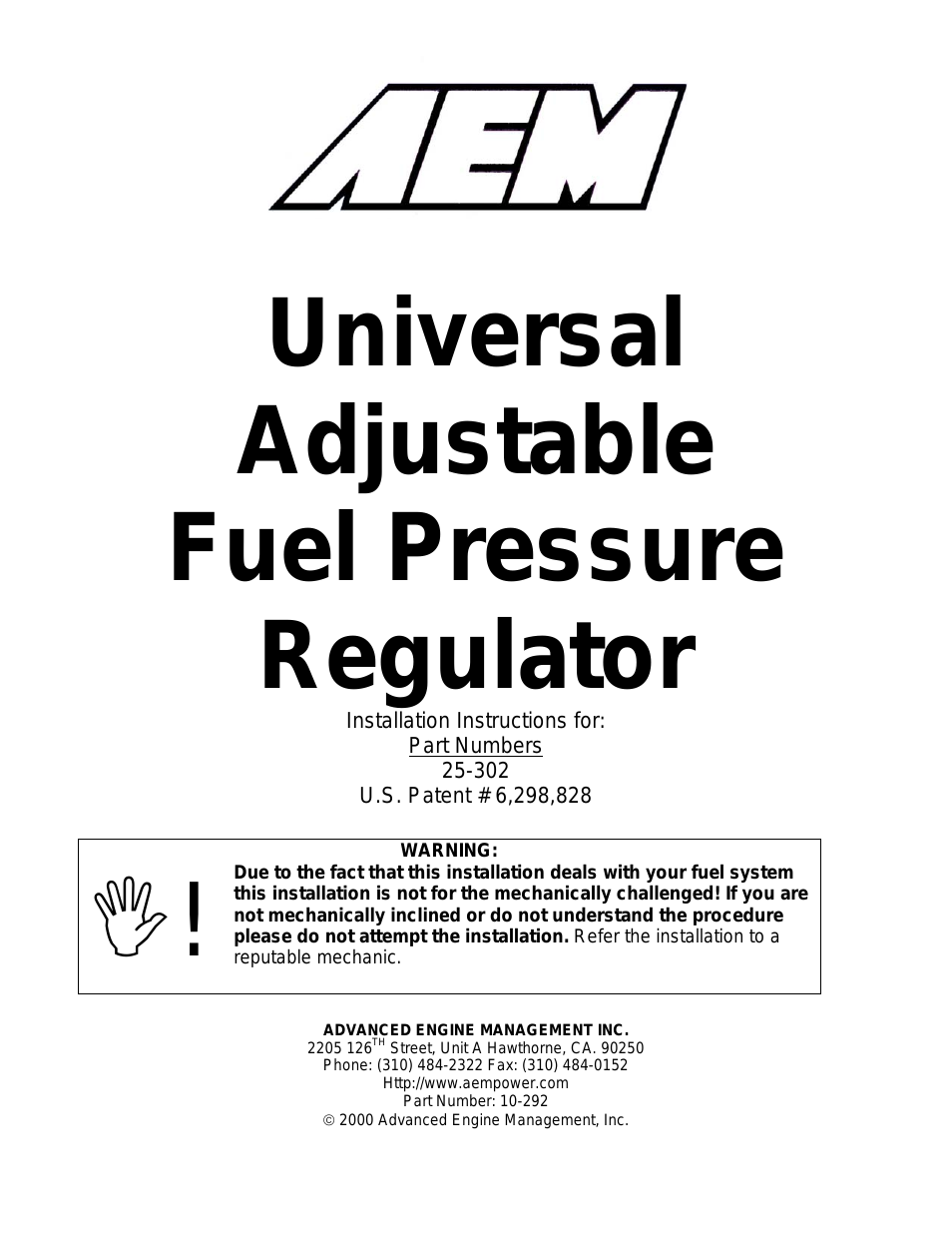 25-302BK Universal Adjustable Fuel Pressure Regualtor