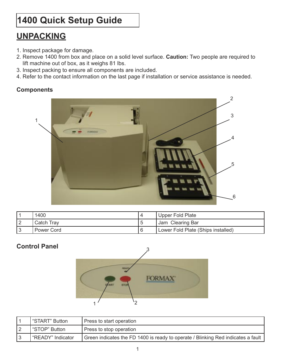 FD 1400 Quick Setup Guide & Test Sheet
