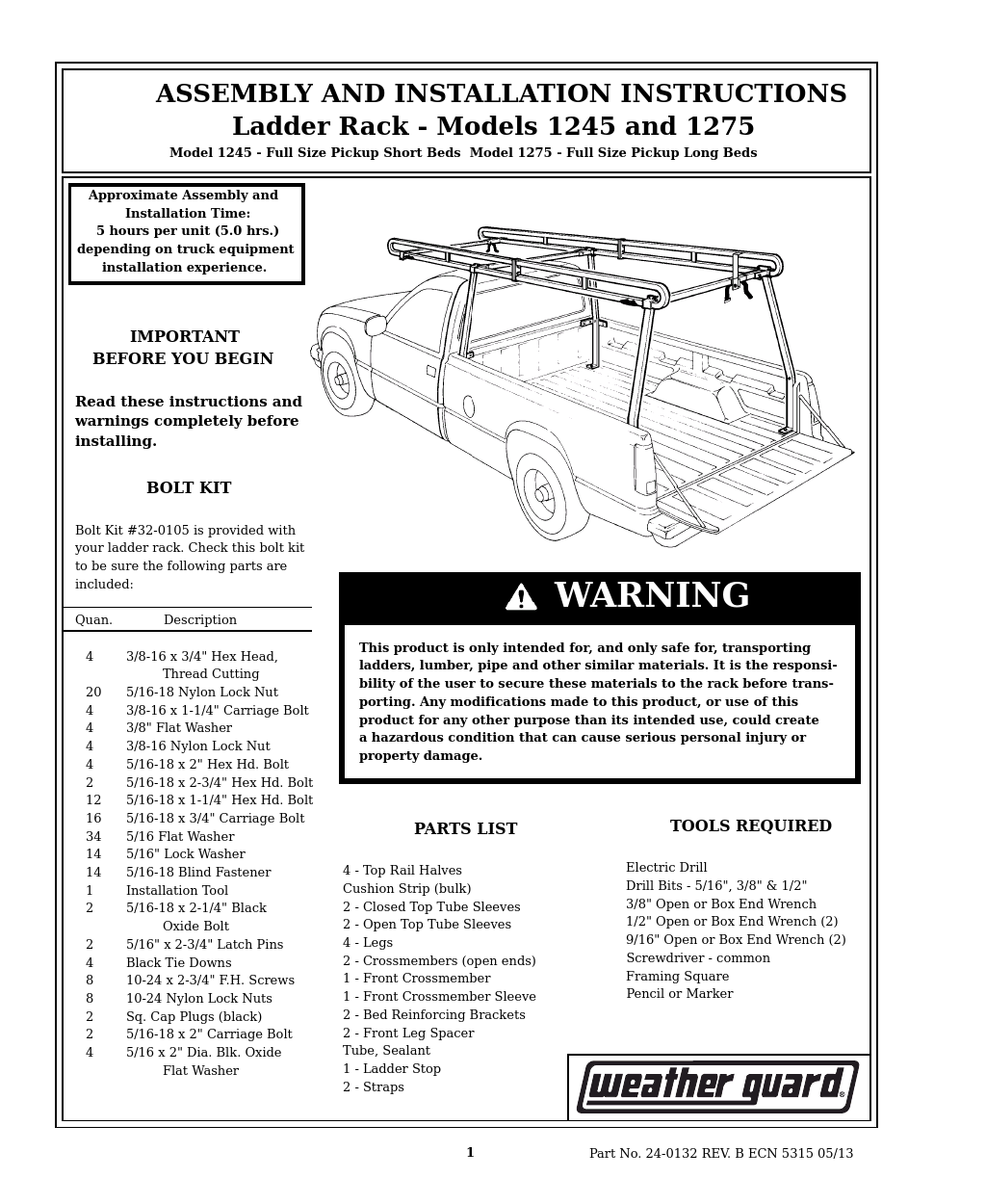 Model 1245 Ladder Rack System, Steel, Short Bed