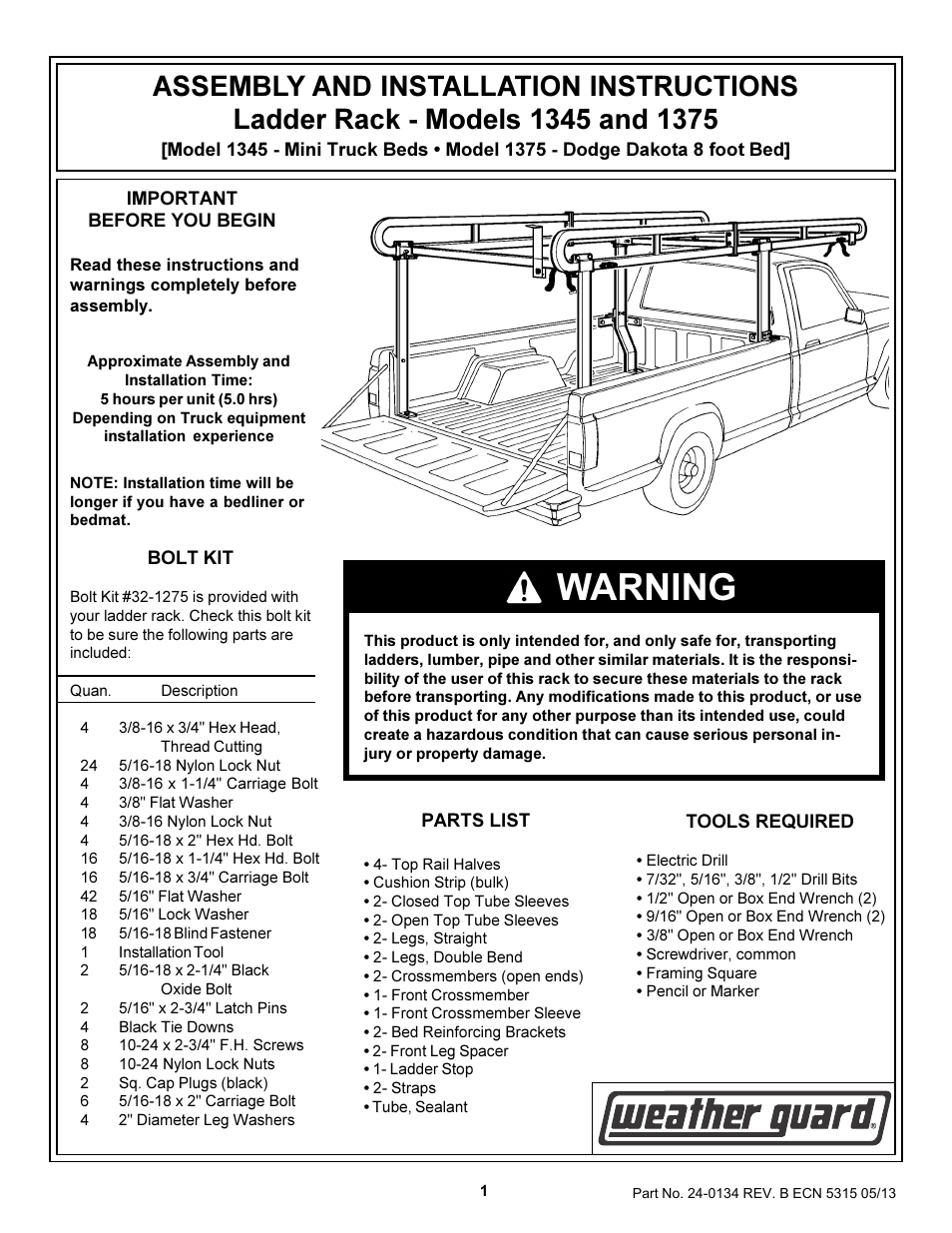 Model 1375 Ladder Rack System, Steel, Compact, Long Bed