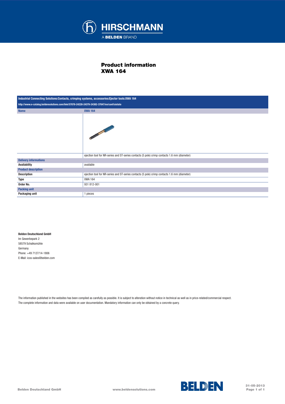 Hirschmann Removal Tool (XWA 164) for NR-Series and ST-Series Contacts