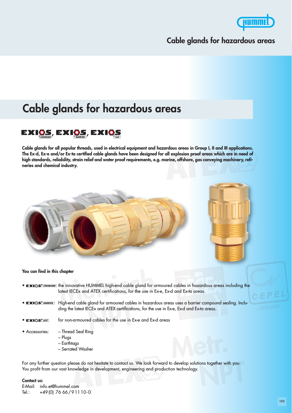 Hummel Cable Glands - Exios Standard, Exios Barrier, Exios A2F for Hazardous Areas