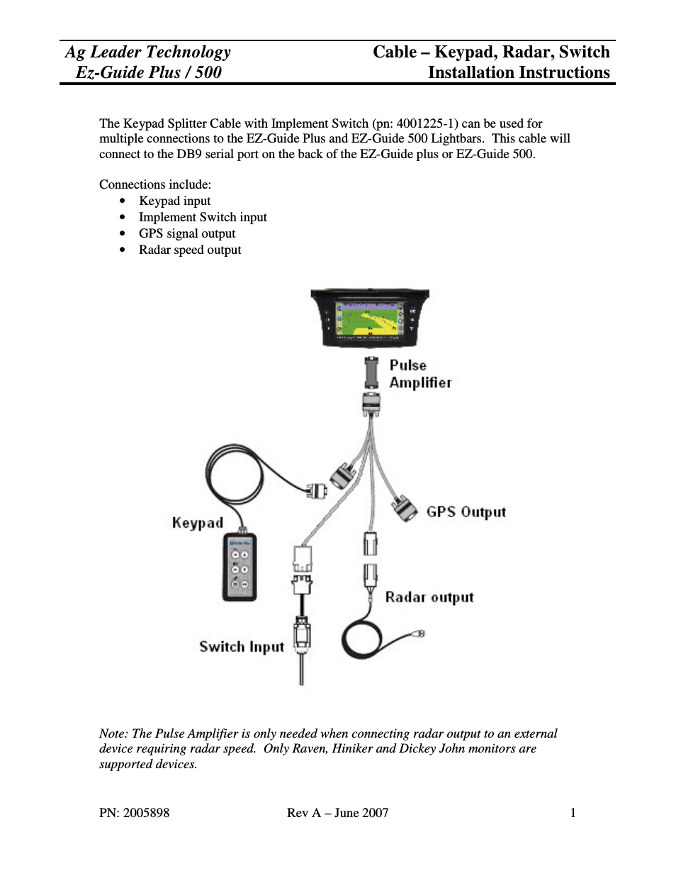 EZ-Guide Plus Cable – Keypad, Radar, Switch Installation