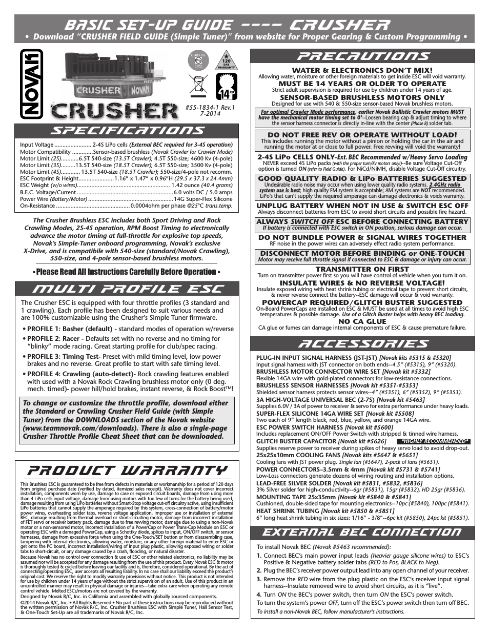 Brushless Speed Control: Crusher Basic Set-Up (w/Simple-Tuner) (55-1834-1 Rev.1)