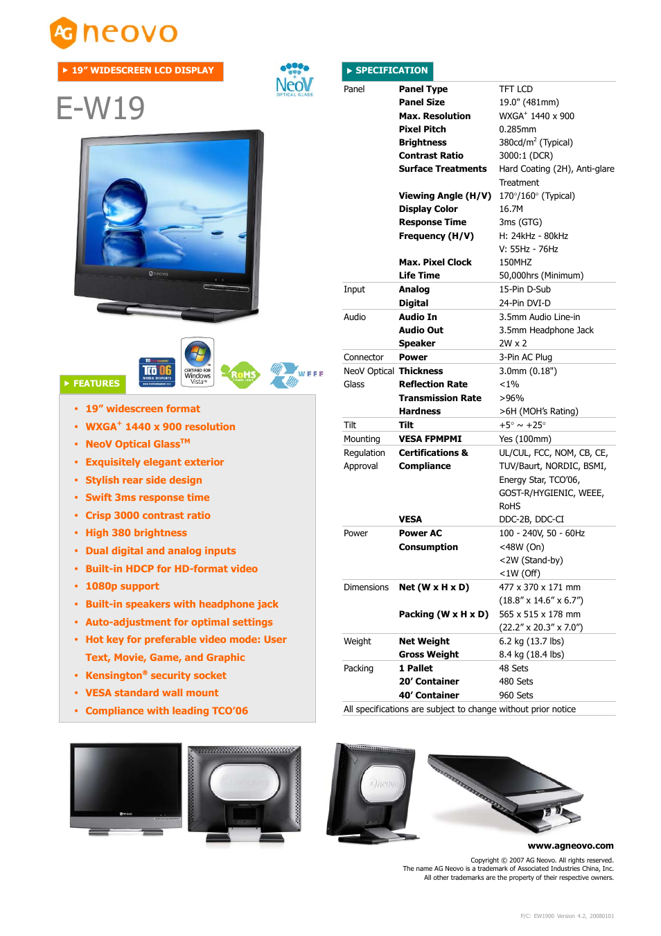 19" Widescreen LCD Display E-W19