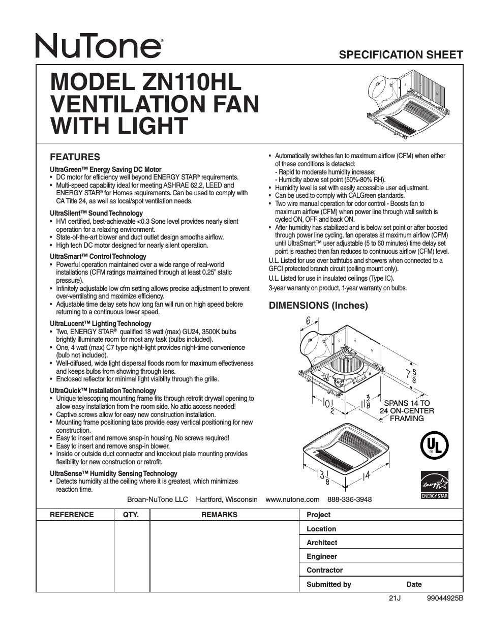 Ventilation Fan With Light ZN110HL