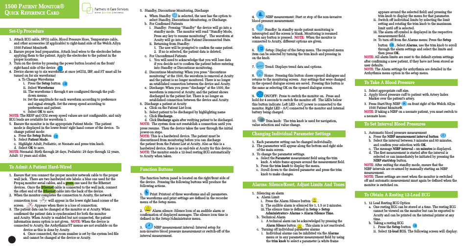 1500 Patient Monitor, Quick Reference Card - Quick Reference Guide