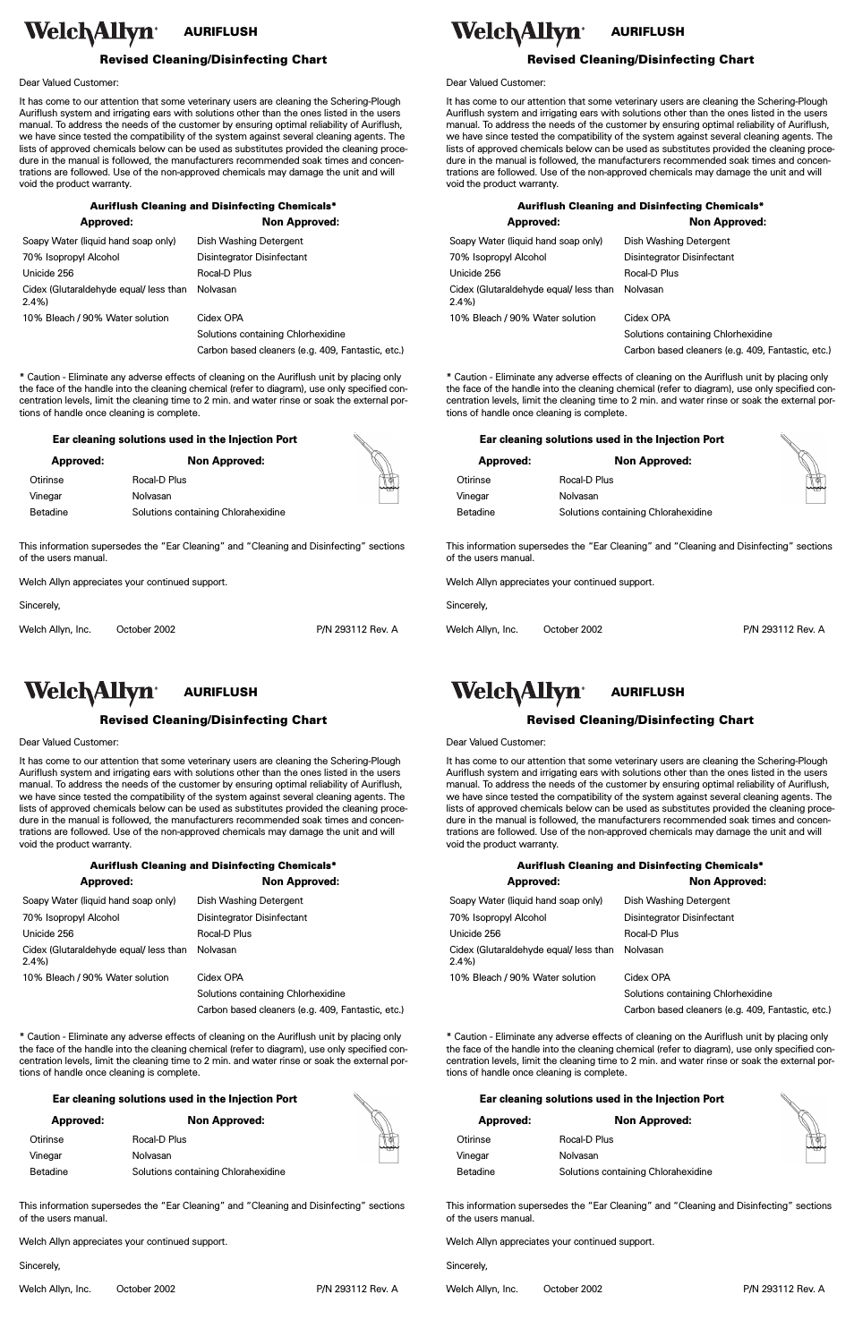 AURIFLUSH Revised Cleaning/Disinfecting Chart - User Manual