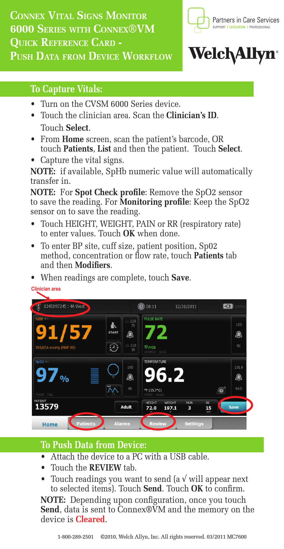 Connex Vital Signs Monitor 6000 Series with ConnexVM - Push Data from Device Workflow - Quick Reference Guide