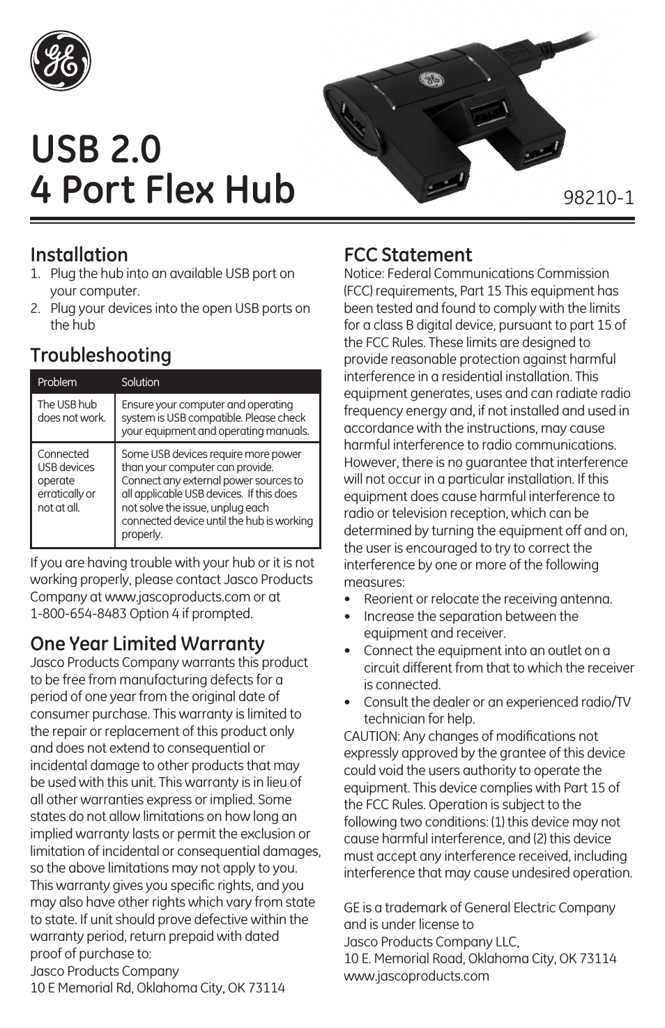 98210 GE USB 2.0 4-Port Flex Hub