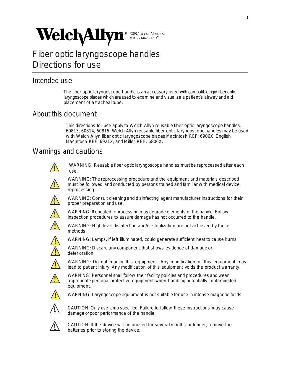 Fiber optic laryngoscope handles - User Manual