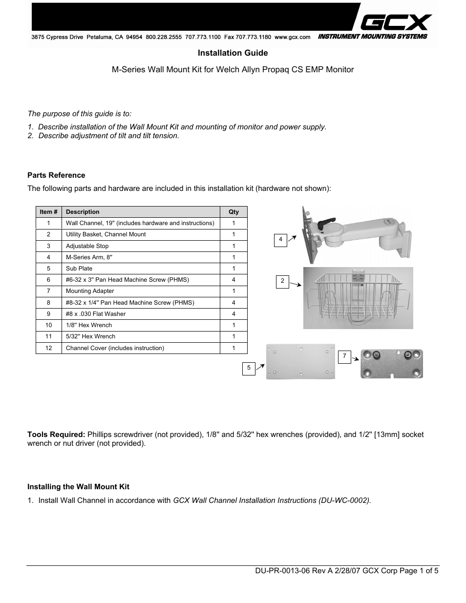 GCX M-Series Wall Mount Kit for Welch Allyn Propaq CS Monitor - Installation Guide