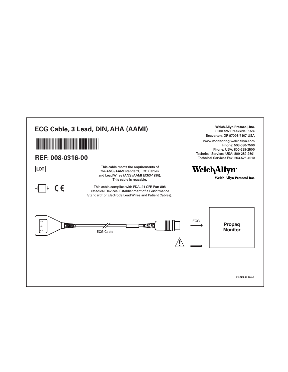 Micropaq Wearable Monitor, ECG Cable, 3 Lead, Din, AHA (AAMI) 008-0316-00 - Quick Reference Guide