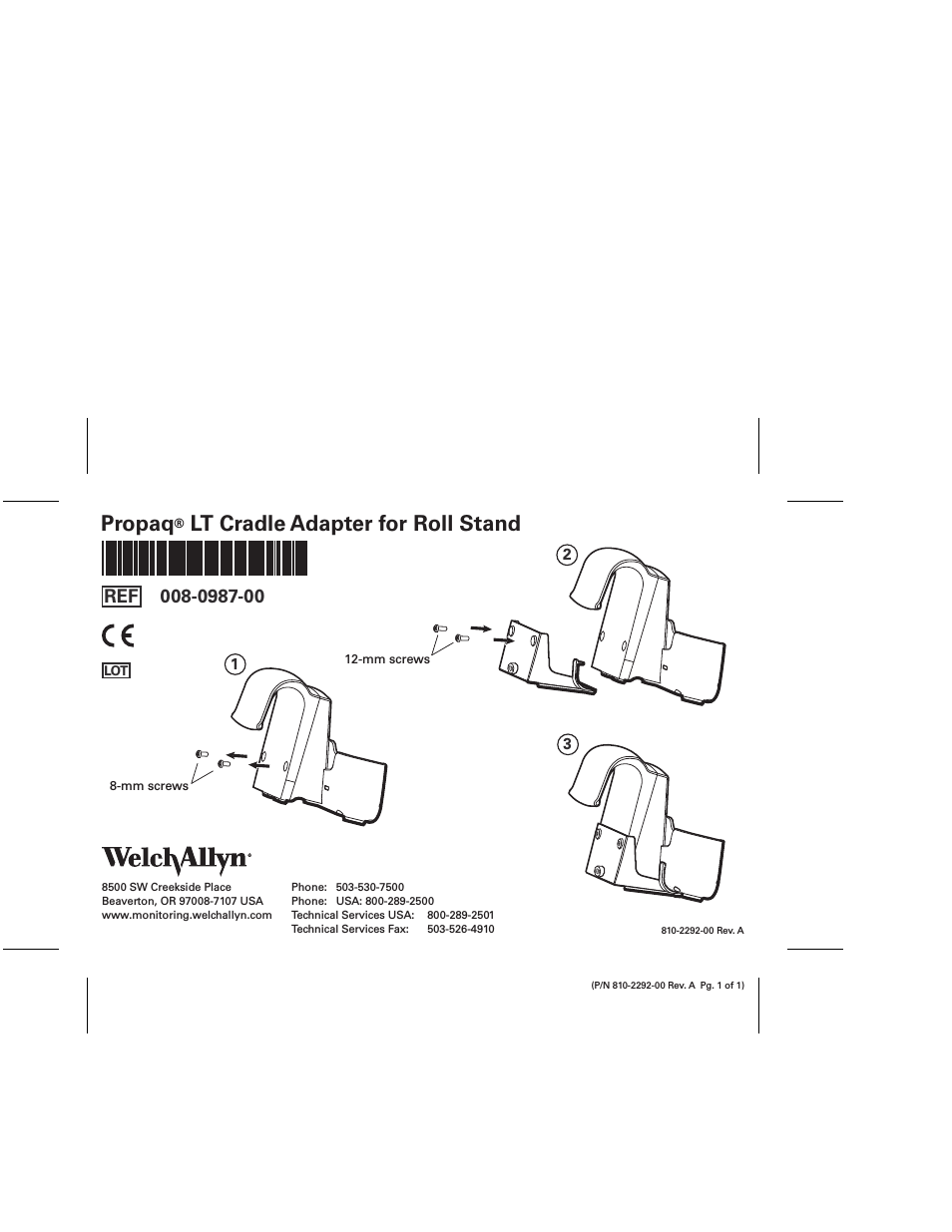 Propaq LT Cradle Adapter For Roll Stand, 810-2292-00A.Pdf - Installation Guide