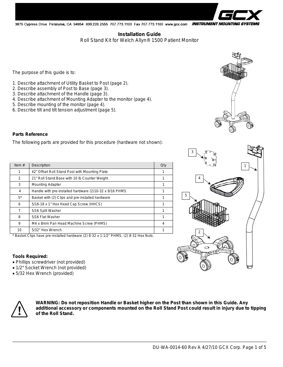Roll Stand Kit for 1500 Patient Monitor - Installation Guide