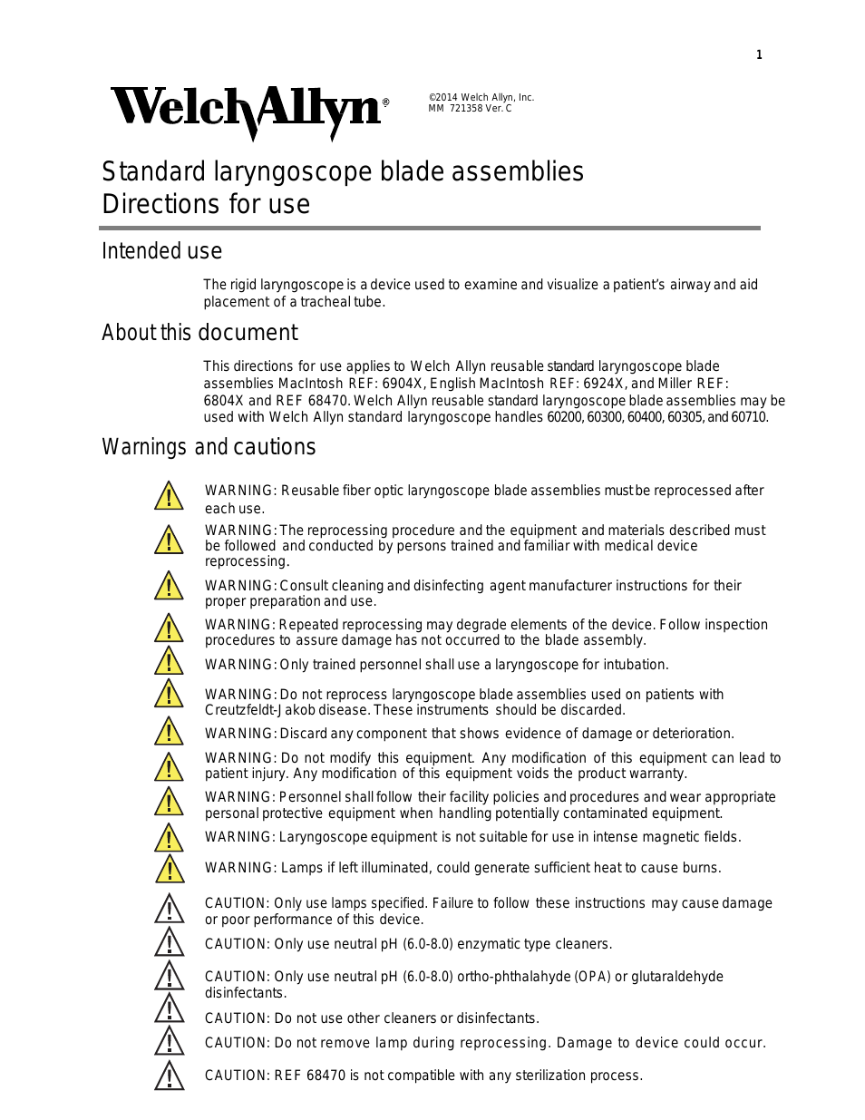 Standard laryngoscope blade assemblies - User Manual