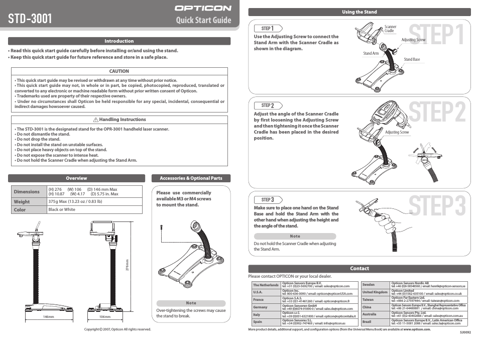 OPR 3001 QuickStart Guide for stand