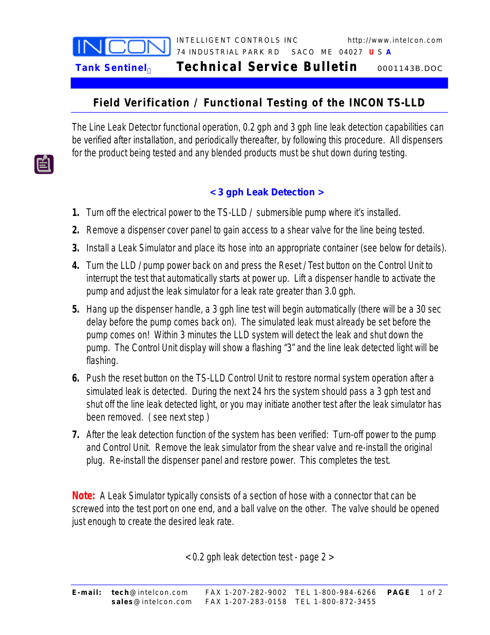 TS-LLD Field Verification : Functional Testing of the INCON TS-LLD