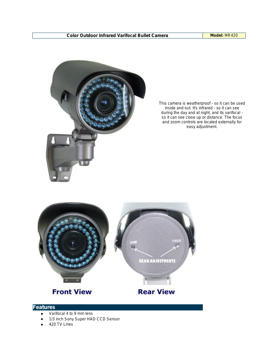 Color Outdoor Infrared Varifocal Bullet Camera MR420