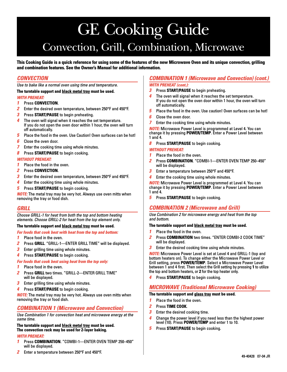 Convection Grill Combination Microwave Cooking Guide