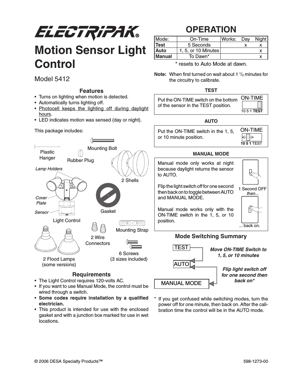 Motion Sensor Light Control 5412