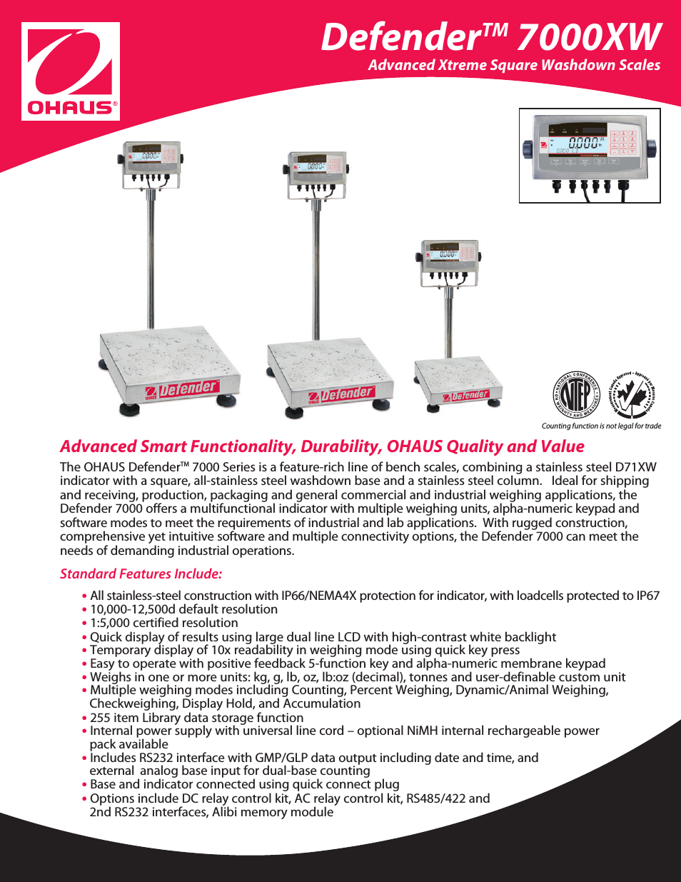 DEFENDER 7000XW Xtreme Square Washdown Scales Data Sheet