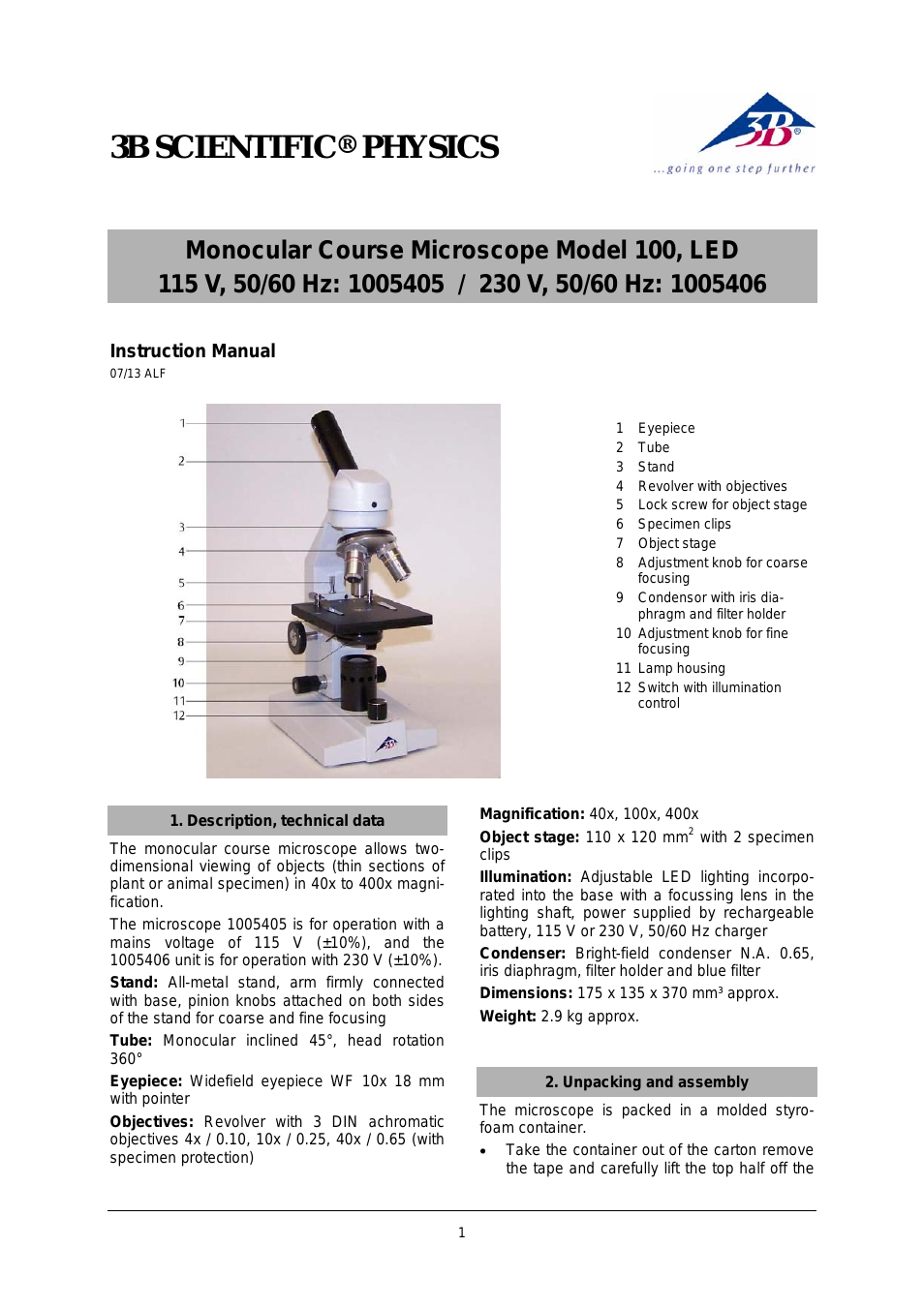 Digital Course Microscope Model 100, LED (230 V, 50__60 Hz)