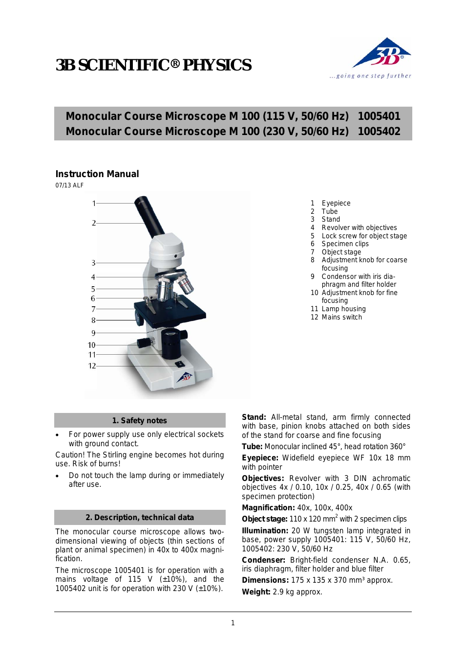 Monocular Course Microscope Model 100 (115 V, 50__60 Hz)