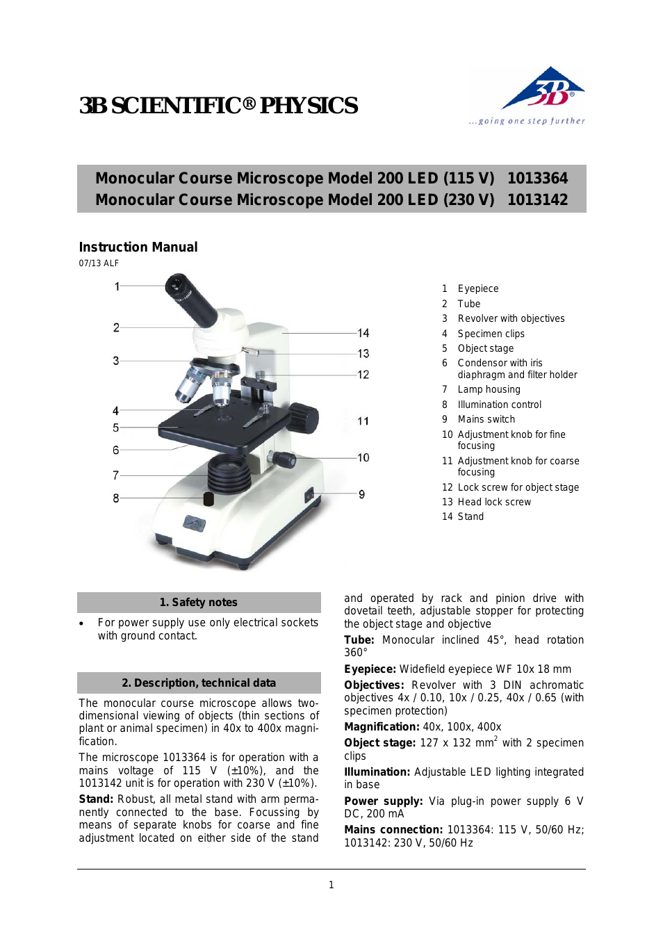 Monocular Course Microscope Model 200 LED (230 V, 50__60 Hz)