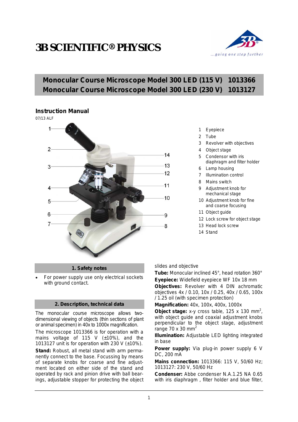 Monocular Course Microscope Model 300 LED (230 V, 50__60 Hz)