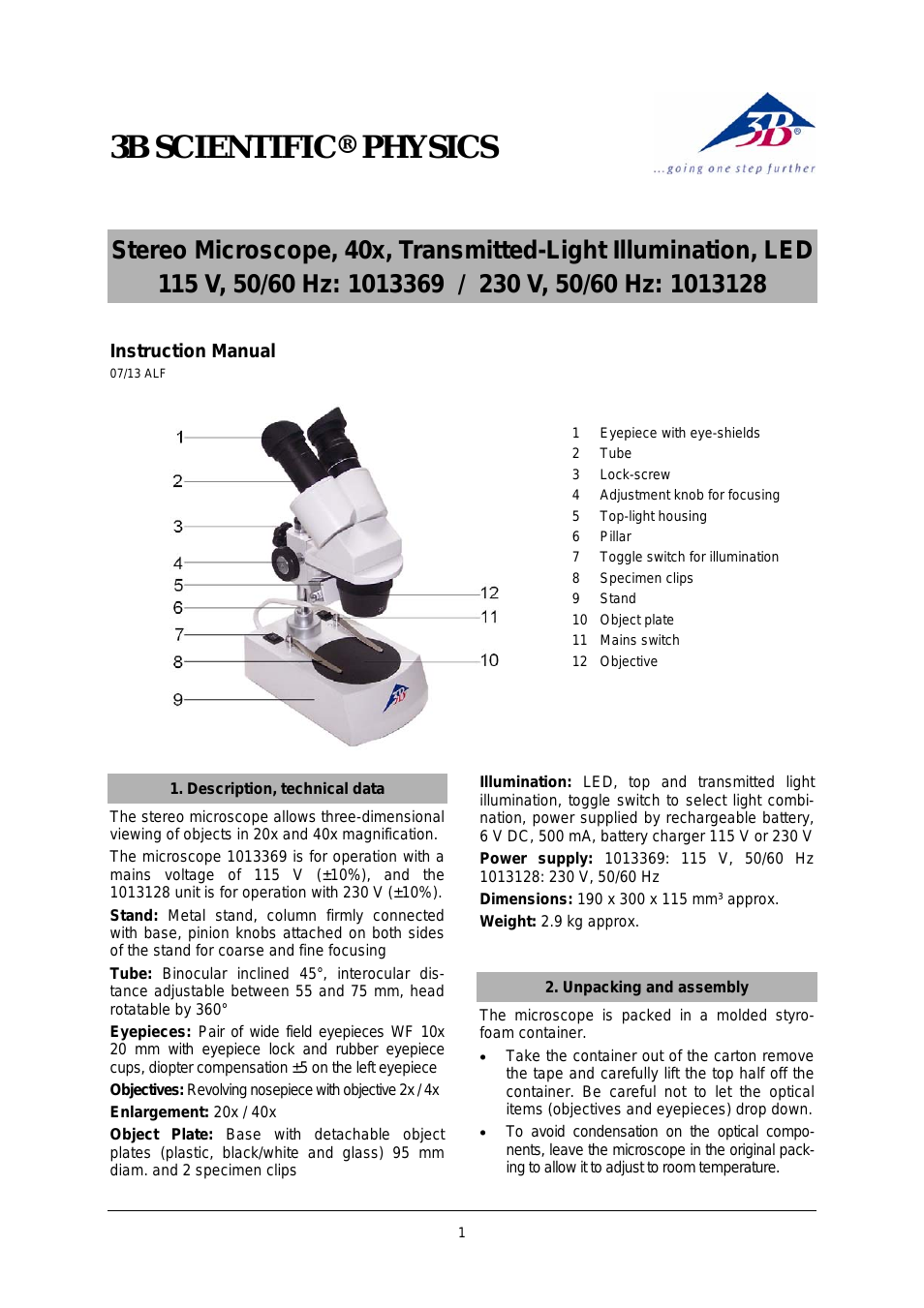 Stereo Microscope, 40x, Transmitted-Light Illumination LED (115 V, 50__60 Hz)