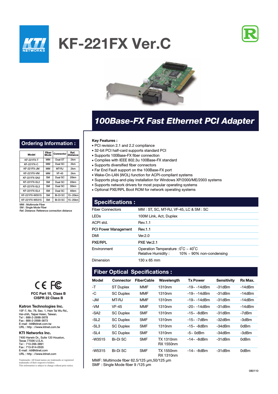 100Base-FX Fast Ethernet PCI Adapter KF-221FX Ver.C
