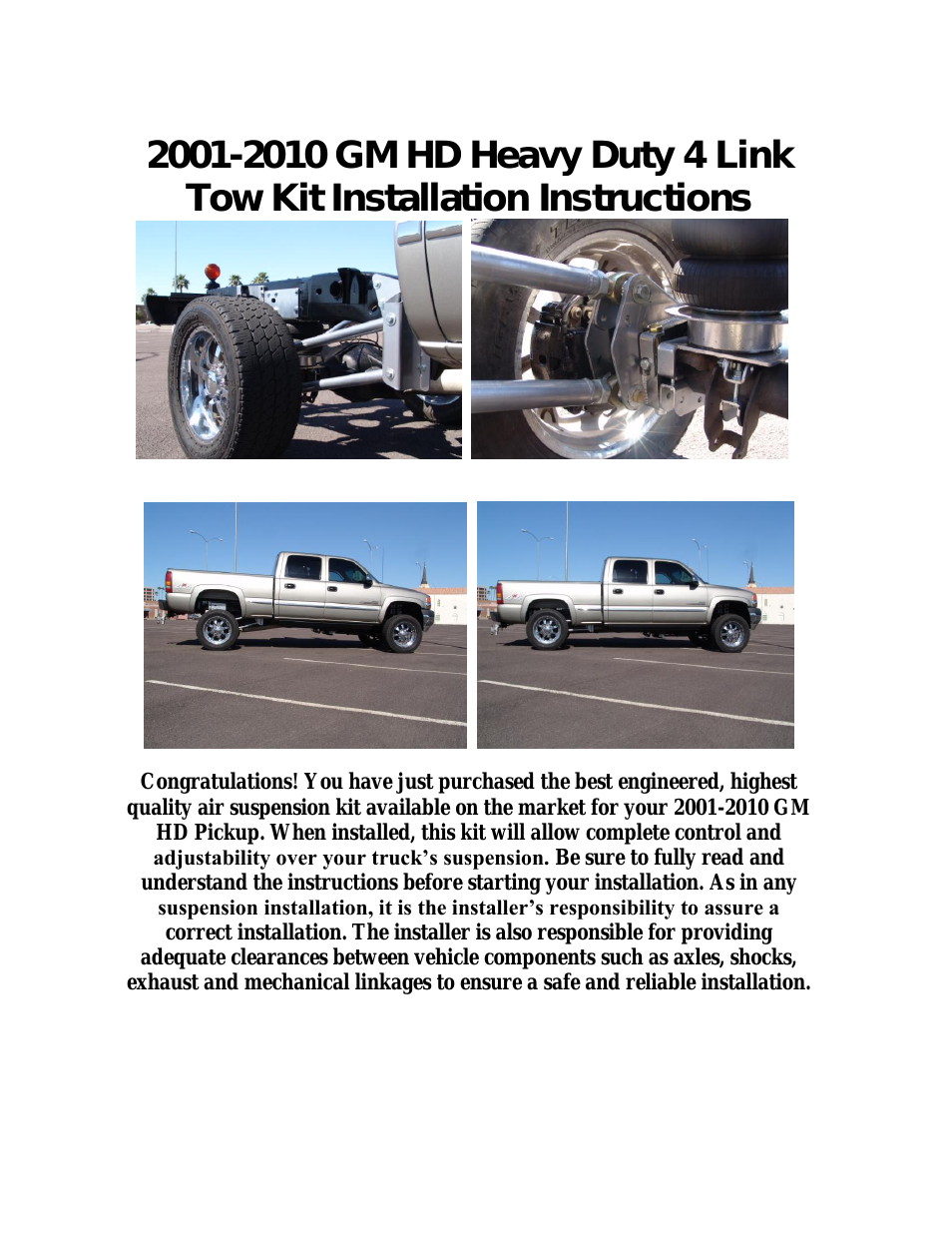 Tow Kit 2001-2010 GM HD Heavy Duty 4 Link