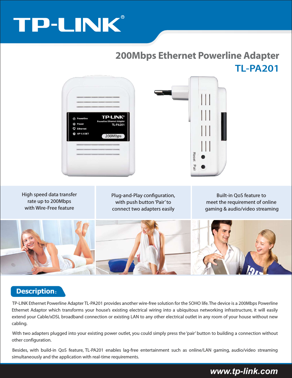 200Mbps Ethernet Powerline Adapter TL-PA201