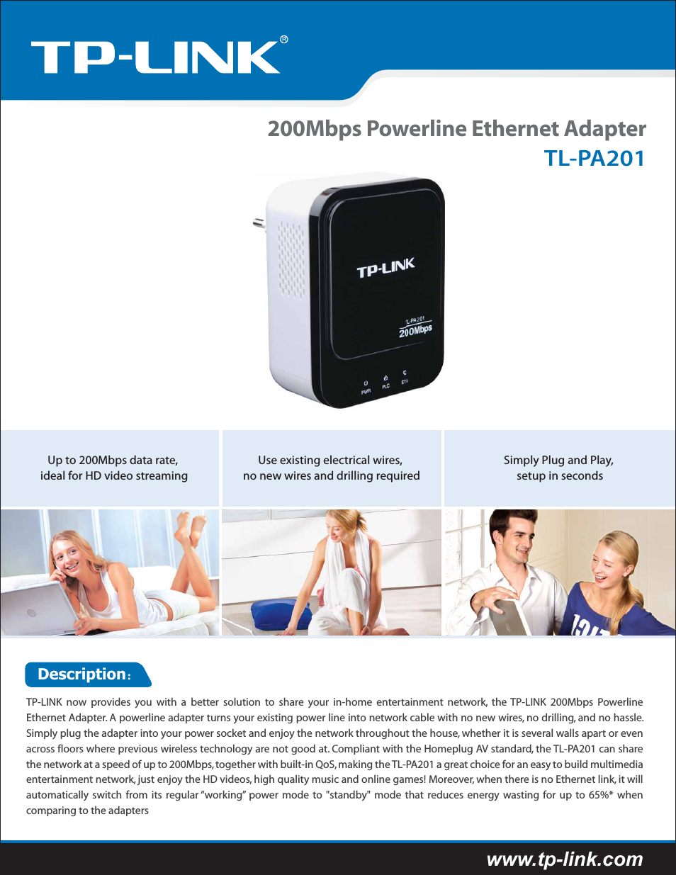 200Mbps Powerline Ethernet Adapter TL-PA201
