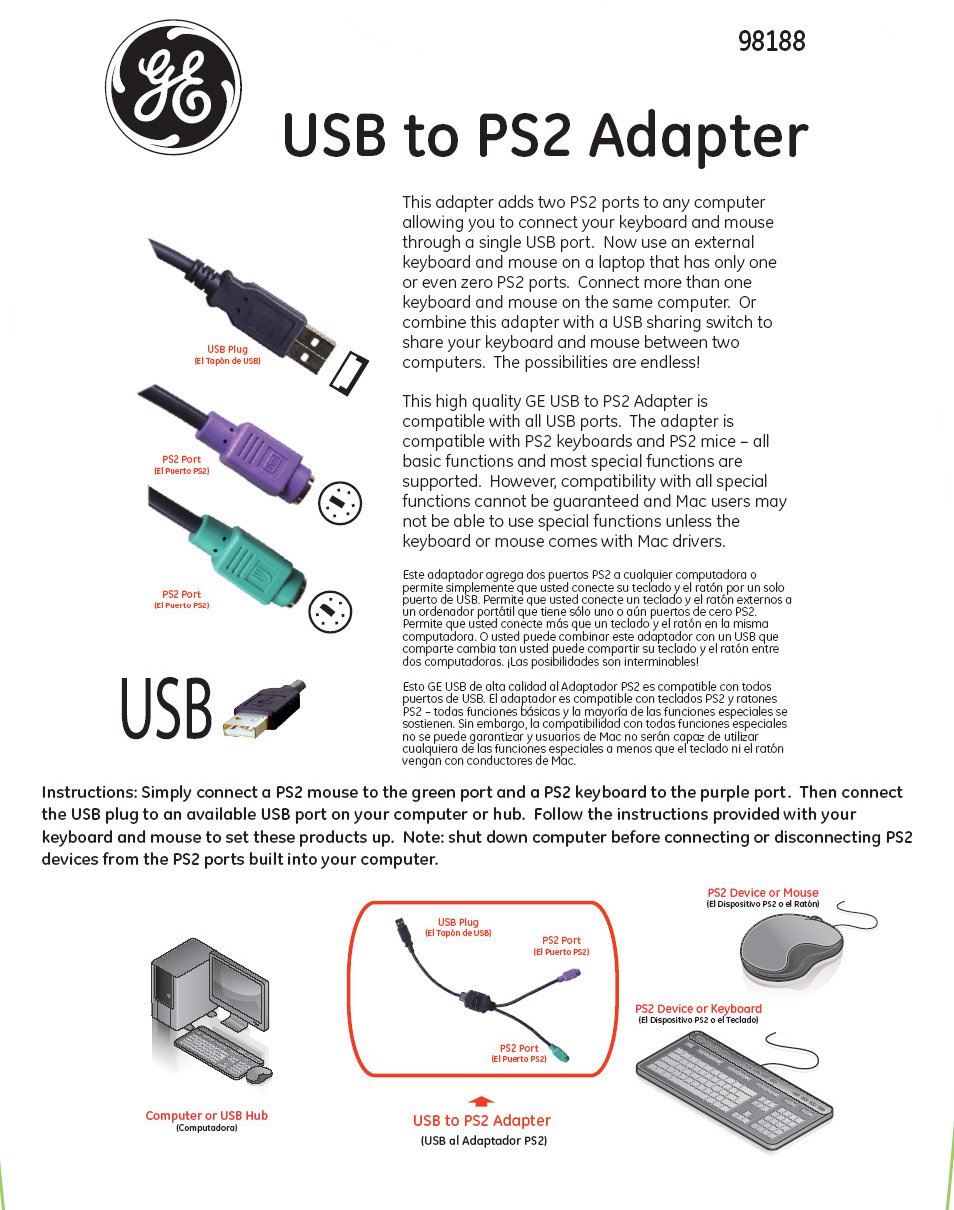 98188 GE USB Adapter USB to PS2