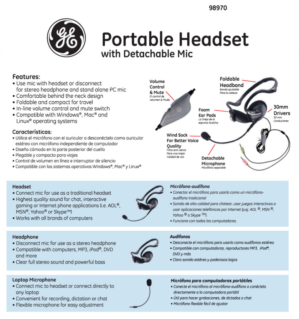98970 GE 3-in-1 Portable Headset with Detachable Mic