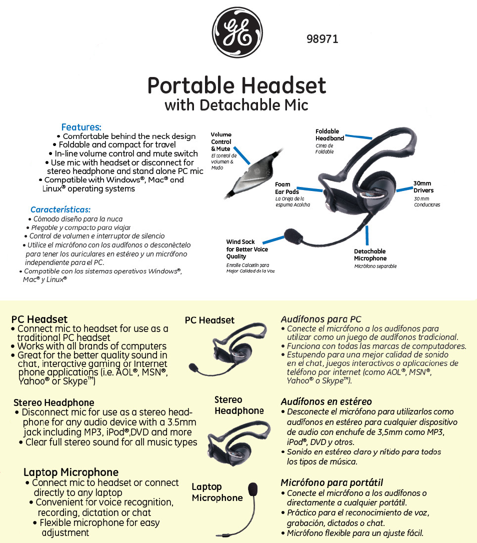 98971 GE Portable Headset with Detachable Mic