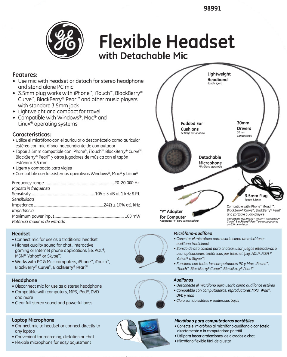 98991 GE Flexible Headset with Detachable Mic