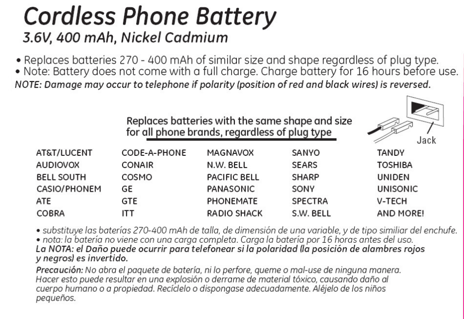 26145 GE Cordless Phone Battery